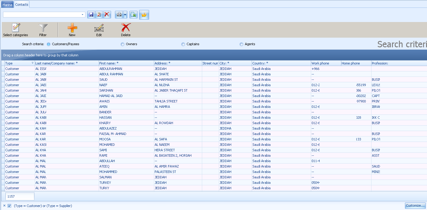 File of Vessels, Customers, Suppliers, Captains, Agents...